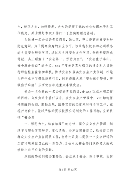 优秀青监岗员先进事迹XX.docx