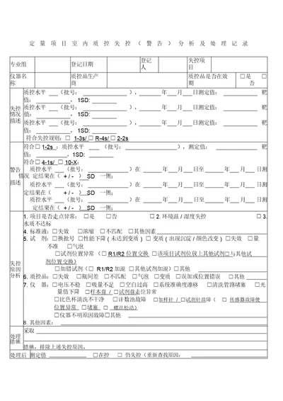 检验科日常室内质控失控解析总结计划及处理记录表格