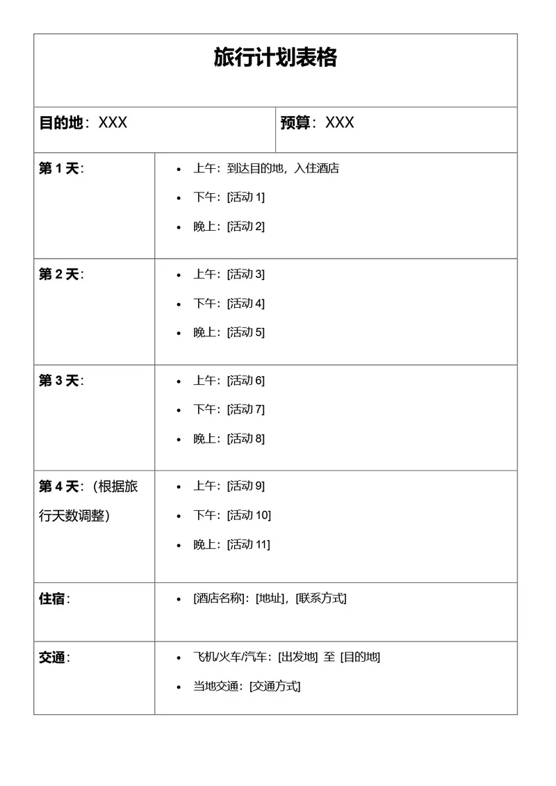 旅行计划表格