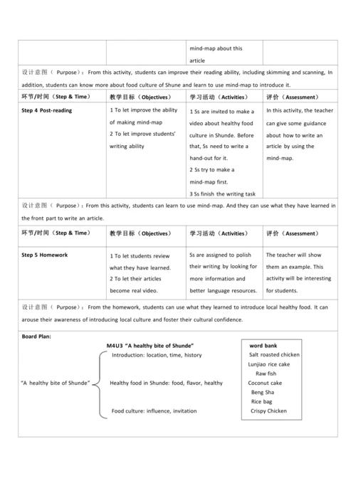 Module 4 Healthy food 模块单元整体教学设计（表格式）
