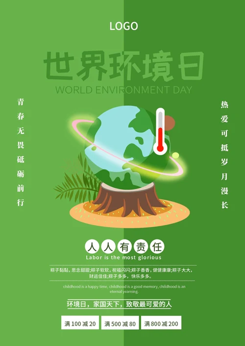 绿色卡通风世界环境日海报