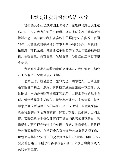 出纳会计实习报告总结XX字