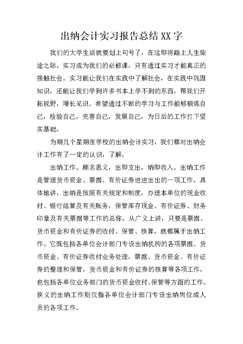 出纳会计实习报告总结XX字