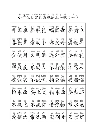 小学生日常行为规范,三字歌(带拼音)