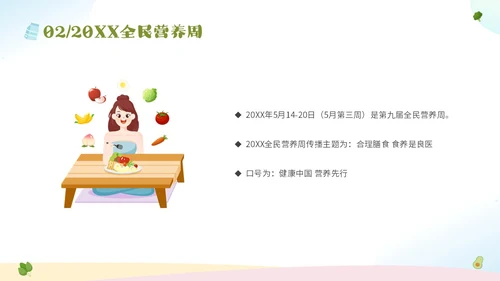绿色清新卡通儿童全国学生营养日宣传主题班会PPT