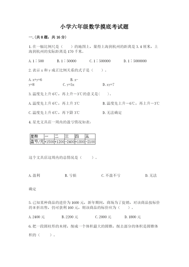 小学六年级数学摸底考试题含完整答案（易错题）.docx