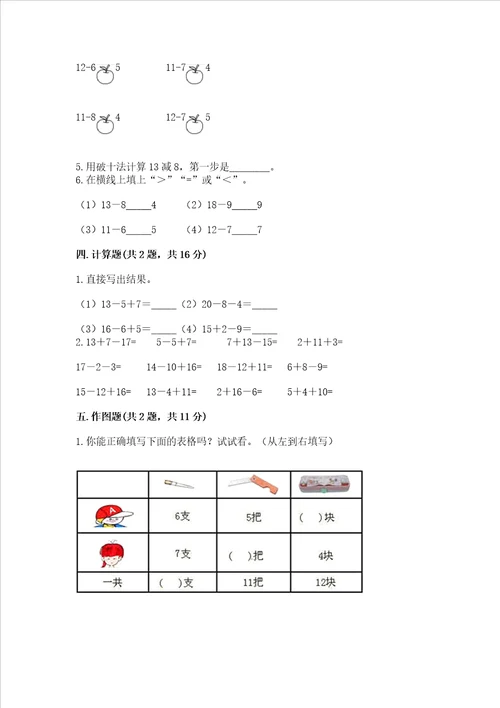 冀教版一年级上册数学第九单元20以内的减法测试卷精品黄金题型