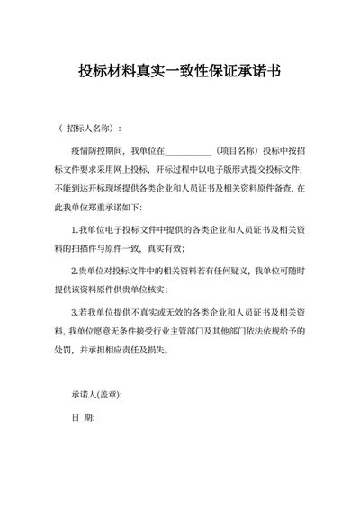 投标材料真实一致性保证承诺书