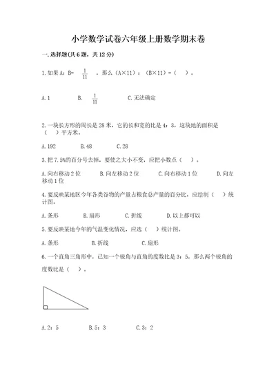 小学数学试卷六年级上册数学期末卷精品达标题