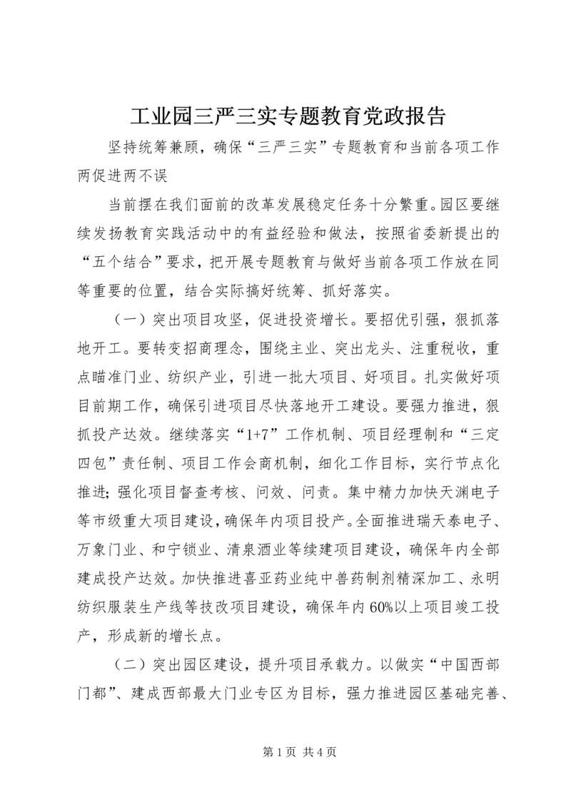 工业园三严三实专题教育党政报告.docx