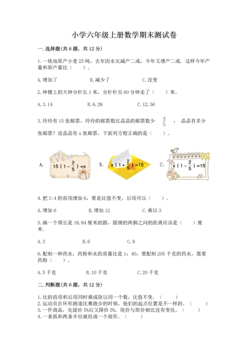小学六年级上册数学期末测试卷带答案（达标题）.docx