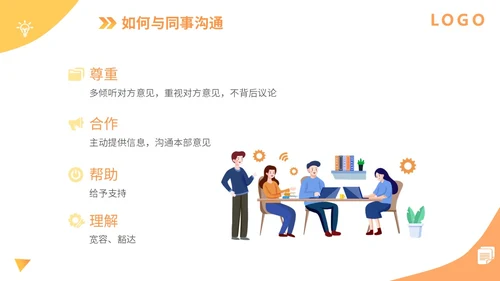 橙色扁平插画企业公司商务办公人物有效沟通技巧培训模板
