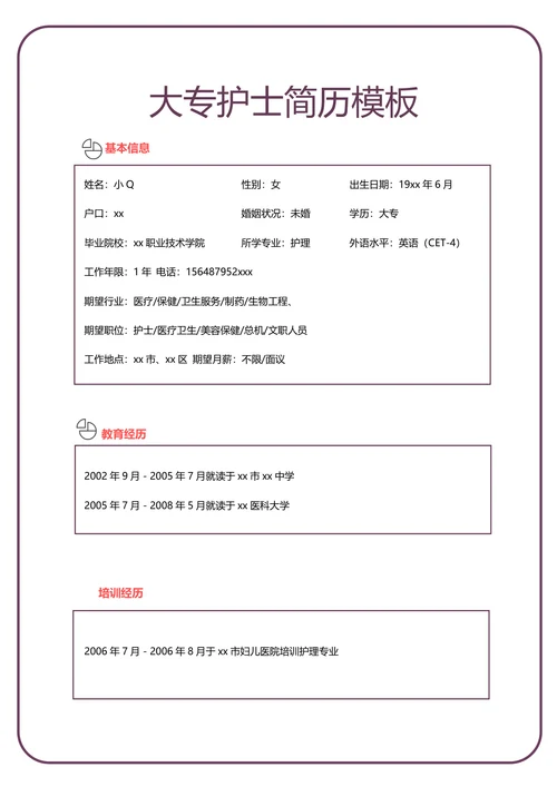 大专护士简历