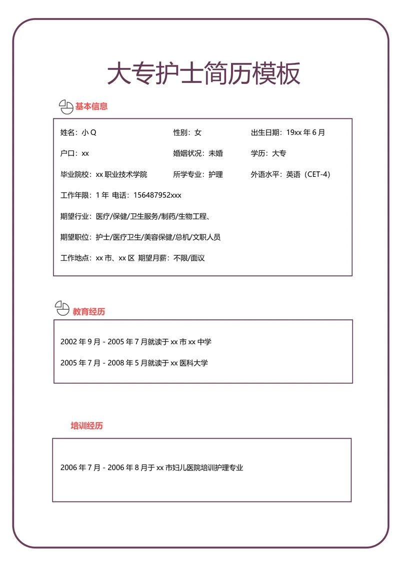 大专护士简历