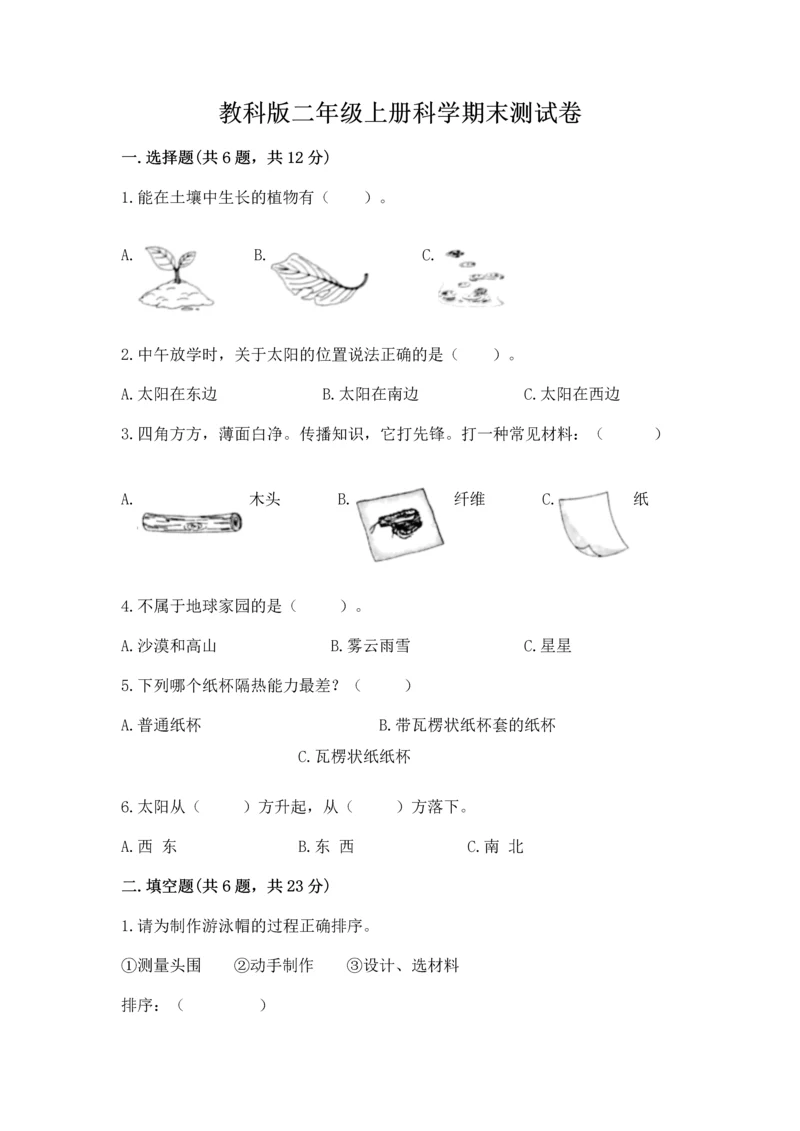 教科版二年级上册科学期末测试卷a4版打印.docx