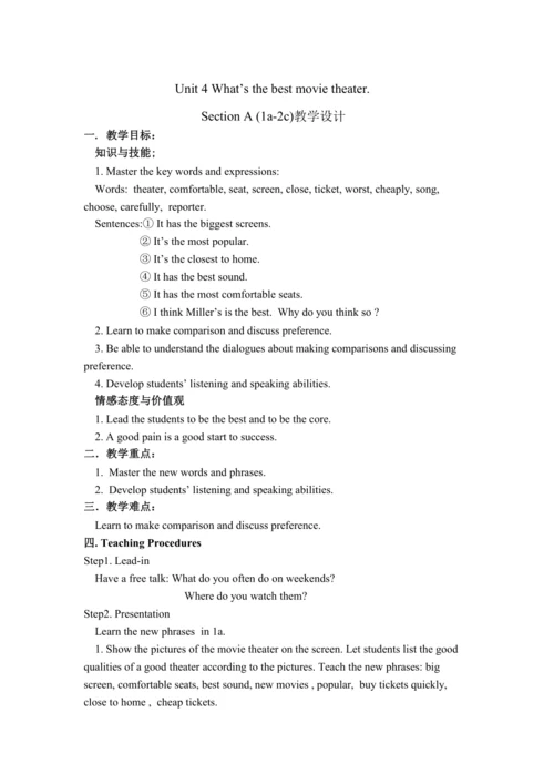 Unit 4 what's the best movie theater_Section A (1a