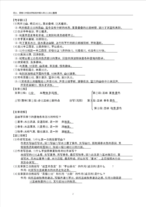 2017年部编版八年级语文上册课内文言文阅读清单全