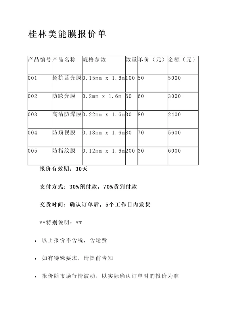 桂林美能膜报价单