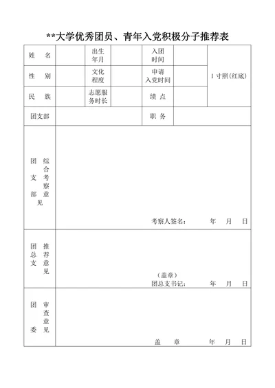 大学入党积极分子推荐表