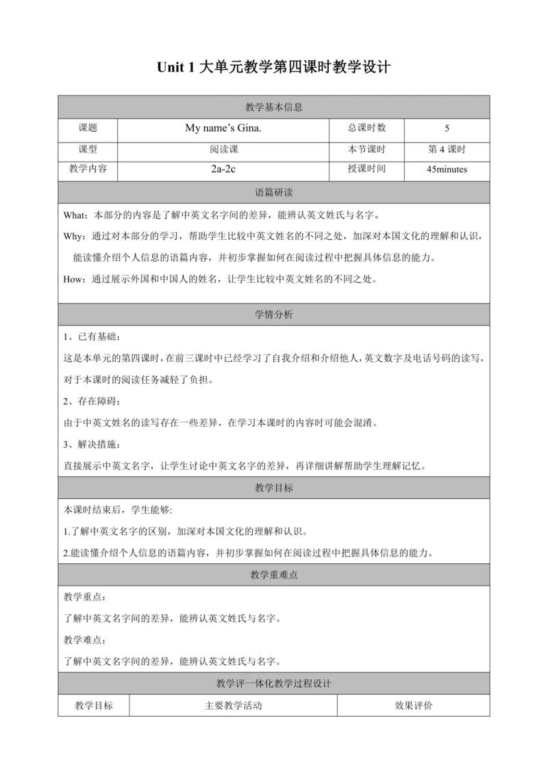 Unit 1  My name's Gina. 第四课时Section B (2a-2c）单元整体课