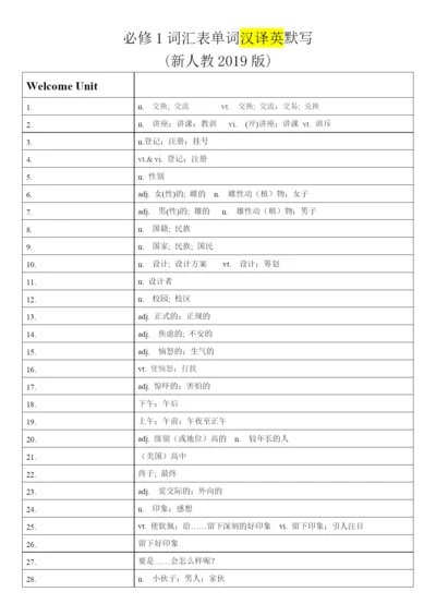 高中英语人教版（2019）必修第一册 词汇表单词汉译英默写.docx