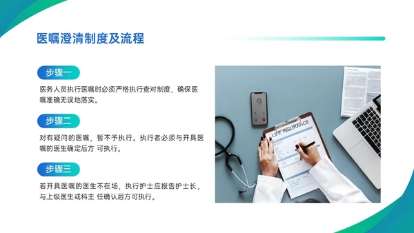 蓝绿渐变简约商务护理查对制度配许PPT模板