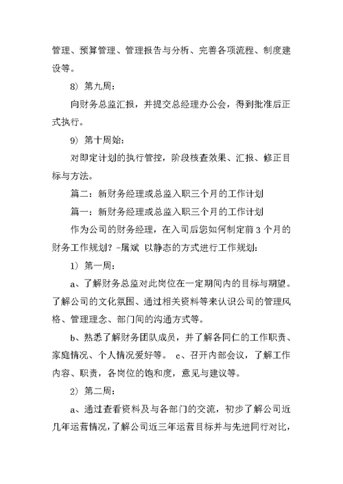 新财务经理或总监入职三个月的工作计划