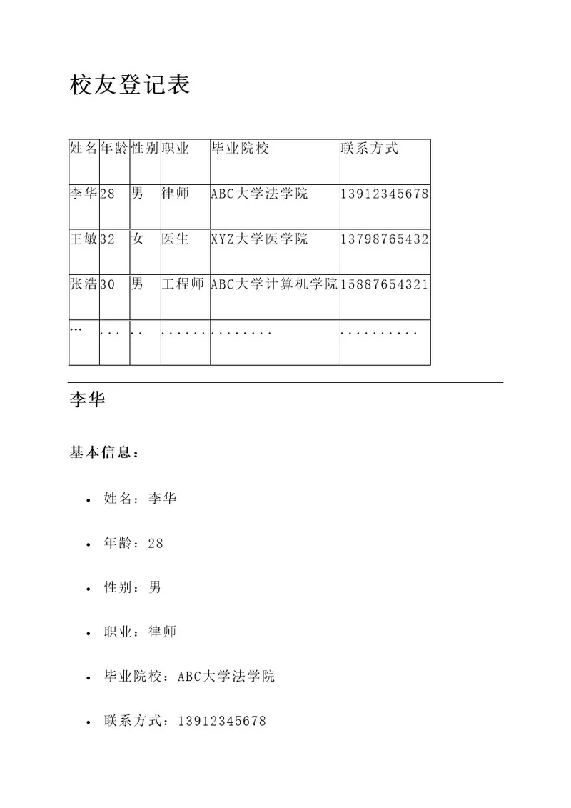 校友登记表事迹材料