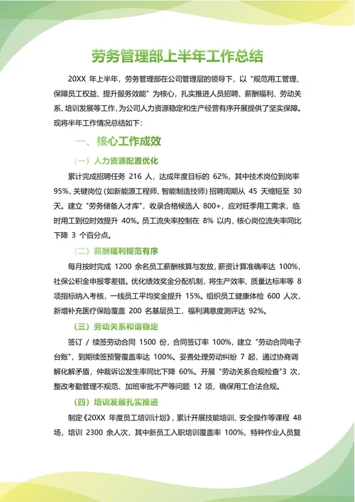 劳务管理部年中工作总结(年度年终通用)