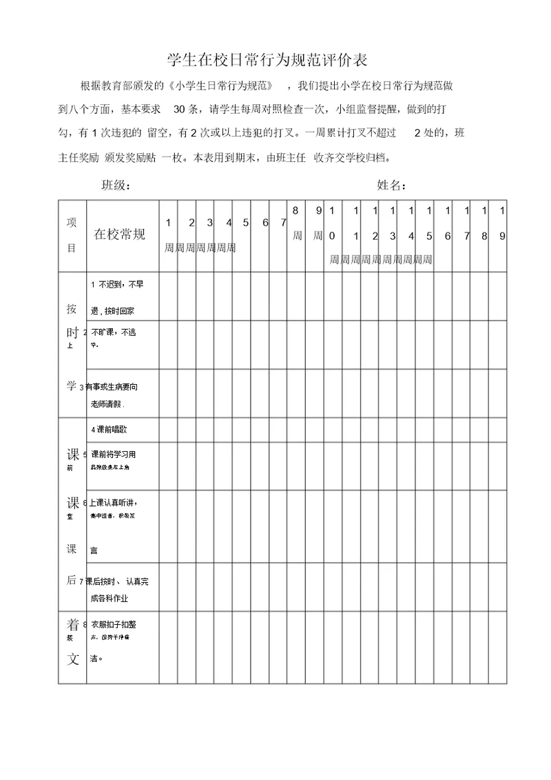 小学生在校日常行为习惯评价表