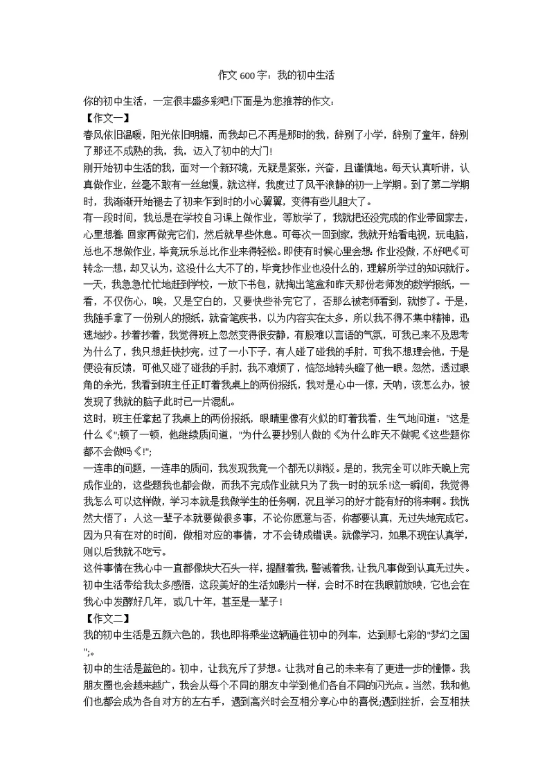 作文600字：我的初中生活