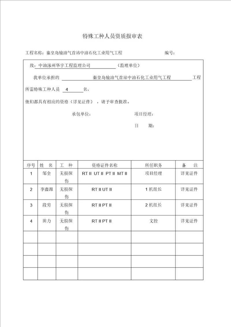 特殊工种人员资质报审表