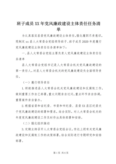 班子成员XX年党风廉政建设主体责任任务清单.docx