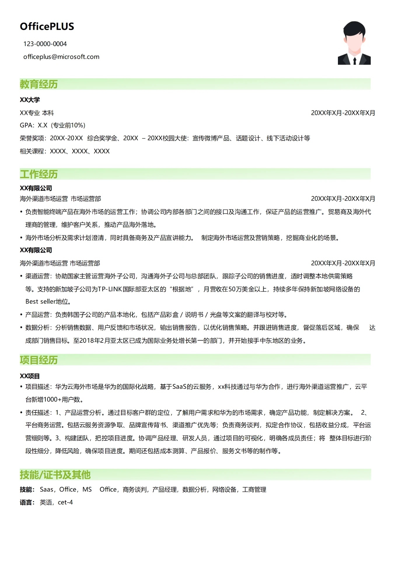 海外市场渠道运营简历模板