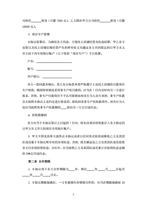 线上店铺投资运营合作协议