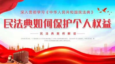 红色蓝色大气简约红绸剪影民法典案例民法典解读动态PPT案例分析