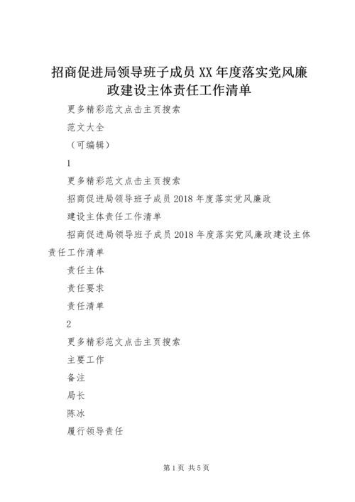 招商促进局领导班子成员XX年度落实党风廉政建设主体责任工作清单.docx