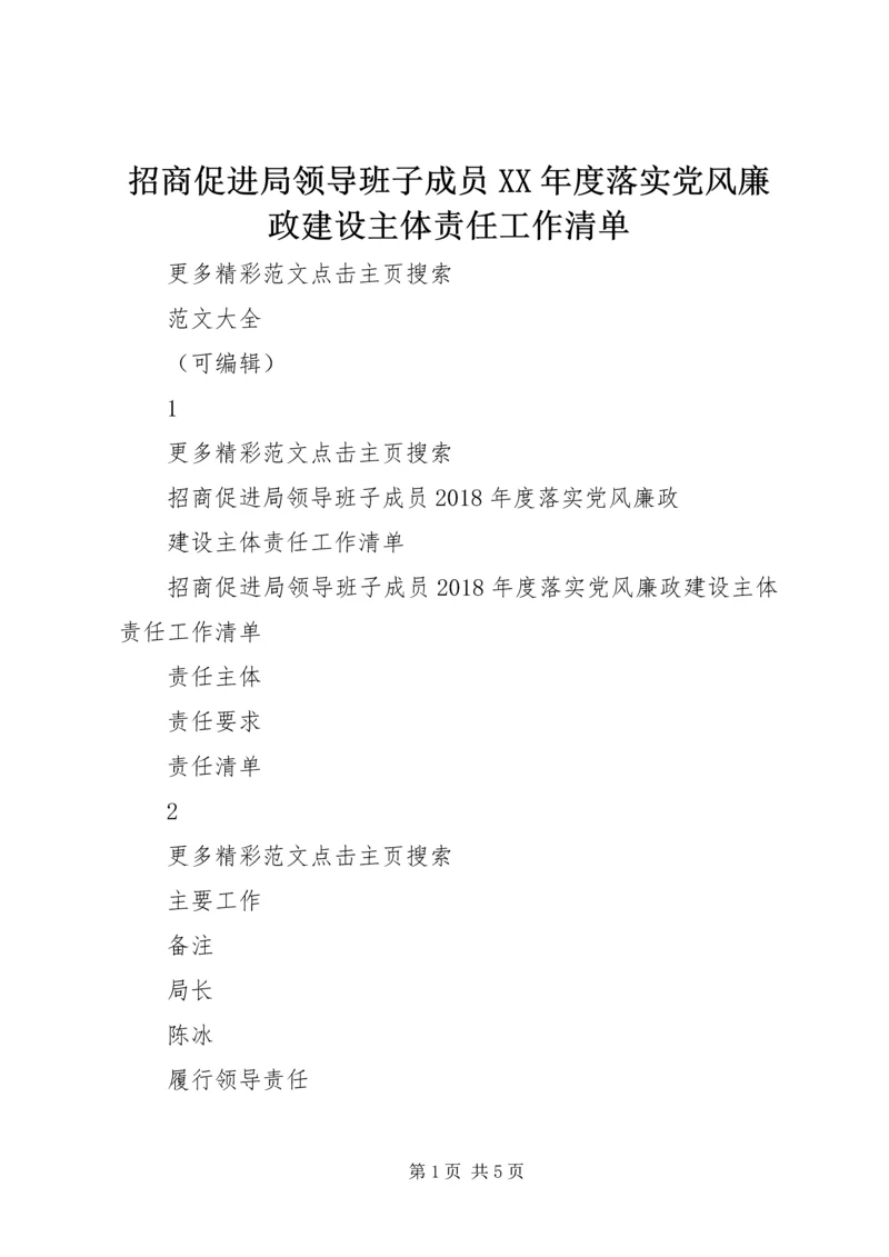 招商促进局领导班子成员XX年度落实党风廉政建设主体责任工作清单.docx