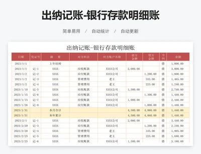 出纳记账-银行存款明细账