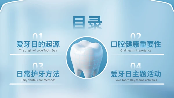 蓝色3D立体风全国爱牙日主题活动PPT模版