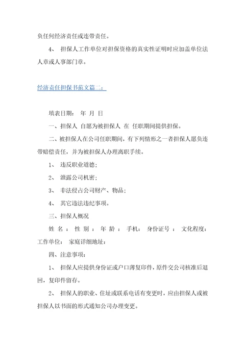 经济责任担保书范文担保书