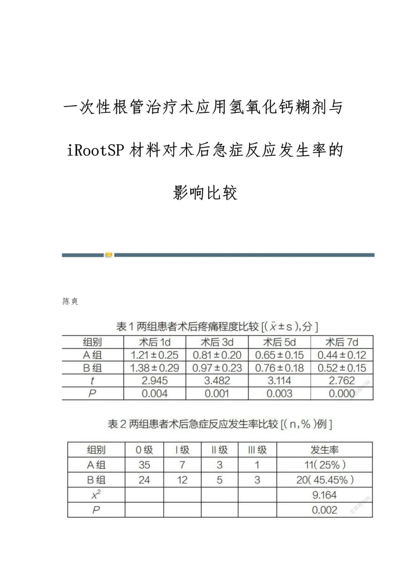 一次性根管治疗术应用氢氧化钙糊剂与iRootSP材料对术后急症反应发生率的影响比较.docx