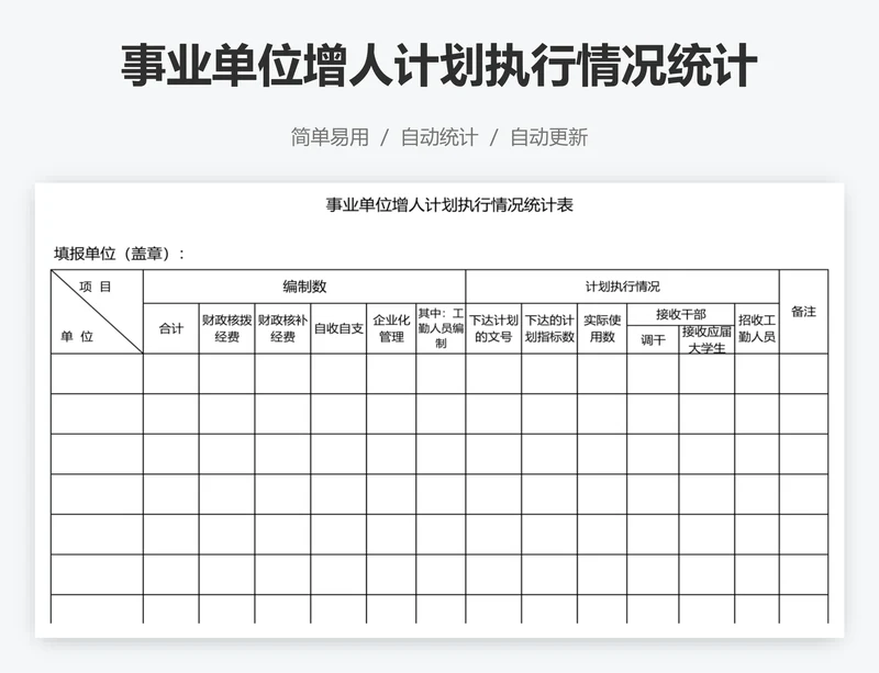 事业单位增人计划执行情况统计表格