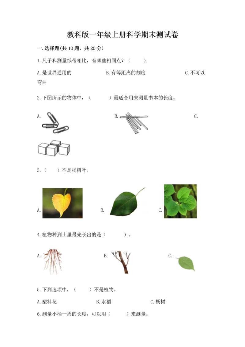 教科版一年级上册科学期末测试卷附答案ab卷.docx