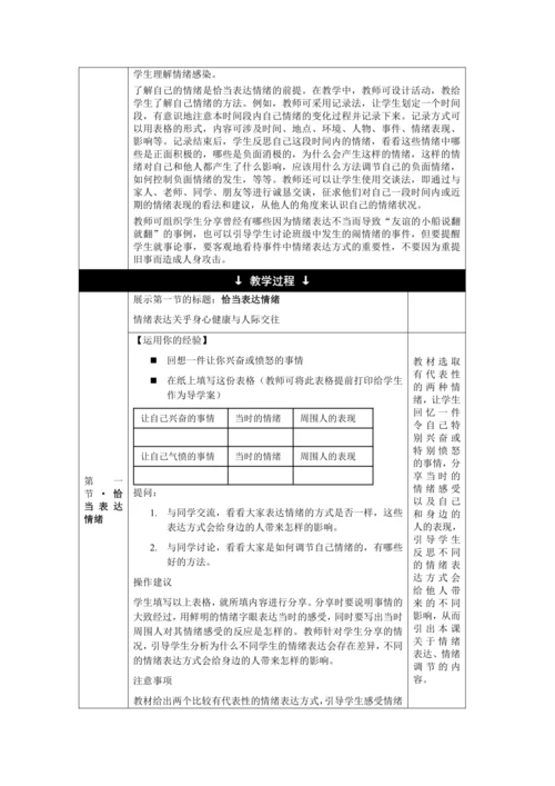 【核心素养目标】4.2 情绪的管理 教学设计（表格式）