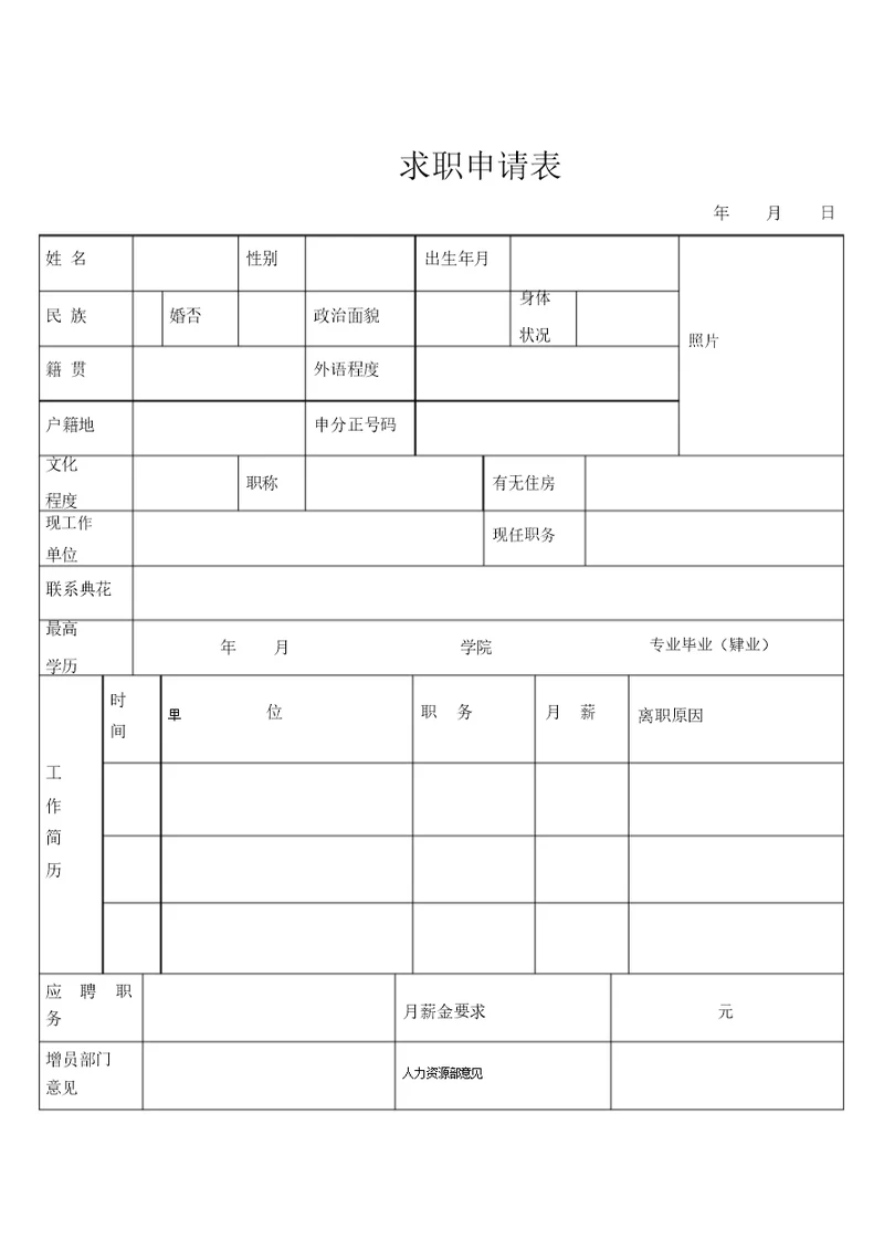 求职申请表及附表示范模板(完整版)