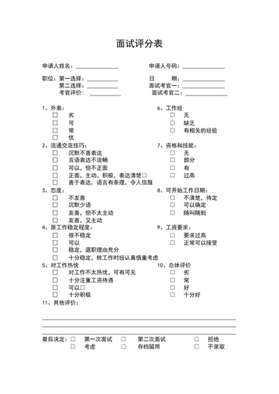 人事部新员工面试评分表word表格