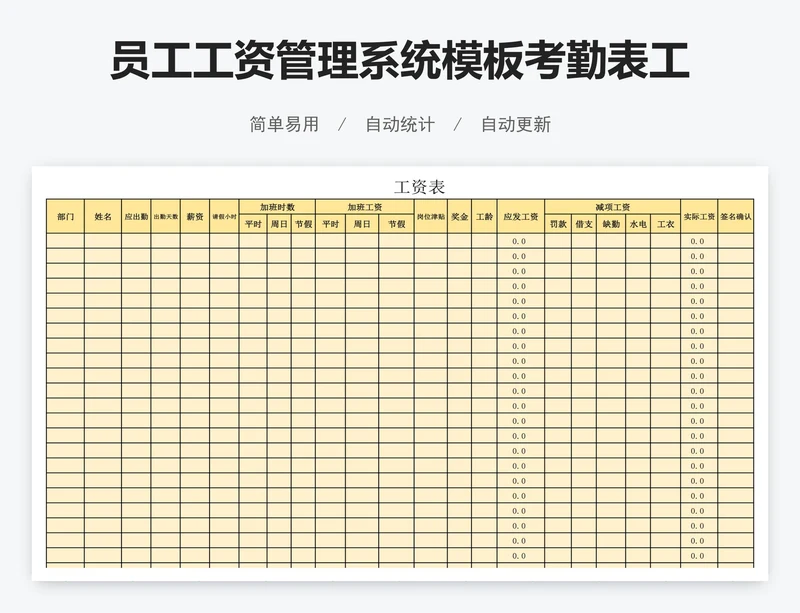 员工工资管理系统模板考勤表工资表模版