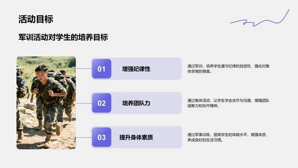 紫色商务风军训主题活动策划展示PPT模板