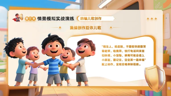 橙色3D卡通风反诈主题班会PPT模板